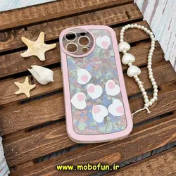 قاب گوشی iPhone 14 Pro Max آیفون طرح ماربل قلبی محافظ لنزدار به همراه آویز مرواریدی رنگ صورتی کد 154