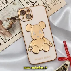 قاب گوشی iPhone 13 آیفون طرح ژله ای مای کیس خرس طلایی تدی برجسته POWER BEAR محافظ لنز دار گلبهی کد 455