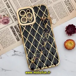 قاب گوشی iPhone 12 Pro Max آیفون طرح ژله ای پافر لوزی دستبندی مرواریدی گلد لاین دور طلایی محافظ لنز دار مشکی کد 601