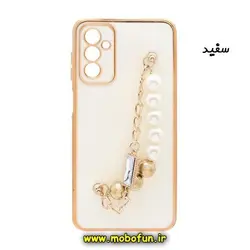 قاب گوشی Galaxy A14 4G - Galaxy A14 5G سامسونگ طرح مای کیس گلد لاین لاکچری دستبندی کارتیر مرواریدی محافظ لنز دار سفید کد 151