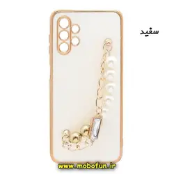 قاب گوشی Galaxy A13 4G سامسونگ طرح مای کیس گلد لاین لاکچری دستبندی کارتیر مرواریدی محافظ لنز دار سفید کد 620