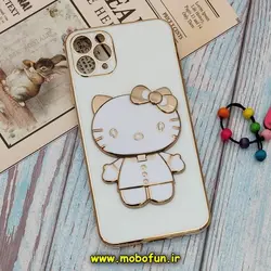 قاب گوشی iPhone 11 Pro Max آیفون طرح ژله ای کیتی KITTY مای کیس گلد لاین آینه ای دور طلایی محافظ لنز دار سفید کد 531