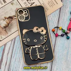قاب گوشی iPhone 11 آیفون طرح ژله ای کیتی KITTY مای کیس گلد لاین آینه ای دور طلایی محافظ لنز دار مشکی کد 521