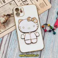 قاب گوشی iPhone 11 آیفون طرح ژله ای کیتی KITTY مای کیس گلد لاین آینه ای دور طلایی محافظ لنز دار سفید کد 519