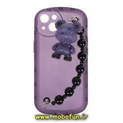 قاب گوشی iPhone 14 Max آیفون طرح ژله ای شفاف بالشتی عروسکی خرس KAWS محافظ لنز دار دستبندی بنفش کد 30
