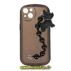 قاب گوشی iPhone 14 آیفون طرح ژله ای شفاف بالشتی عروسکی سگ بولداگ محافظ لنز دار دستبندی مشکی کد 86