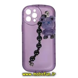 قاب گوشی iPhone 13 Pro Max آیفون طرح ژله ای شفاف بالشتی عروسکی خرس KAWS محافظ لنز دار دستبندی بنفش کد 520