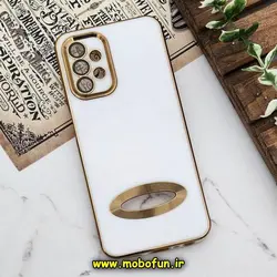 قاب گوشی Galaxy A13 4G سامسونگ طرح ژله ای دبل متال مای کیس مگ سیف Magsafe گلد لاین دور طلایی محافظ لنز دار شیشه ای سفید کد 631