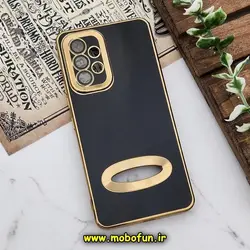 قاب گوشی Galaxy A53 5G سامسونگ طرح ژله ای دبل متال مای کیس مگ سیف Magsafe گلد لاین دور طلایی محافظ لنز دار شیشه ای مشکی کد 653
