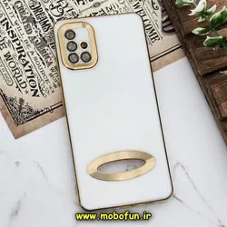 قاب گوشی Galaxy A51 سامسونگ طرح ژله ای دبل متال مای کیس مگ سیف Magsafe گلد لاین دور طلایی محافظ لنز دار شیشه ای سفید کد 811