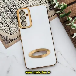 قاب گوشی Galaxy A34 5G سامسونگ طرح ژله ای دبل متال مای کیس مگ سیف Magsafe گلد لاین دور طلایی محافظ لنز دار شیشه ای سفید کد 160