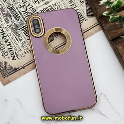 قاب گوشی iPhone X - iPhone XS آیفون طرح ژله ای دبل متال مای کیس مگ سیف Magsafe گلد لاین دور طلایی محافظ لنز دار شیشه ای بنفش کد 500