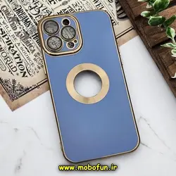 قاب گوشی iPhone 13 Pro Max آیفون طرح ژله ای دبل متال مای کیس مگ سیف Magsafe گلد لاین دور طلایی محافظ لنز دار شیشه ای آبی کد 525
