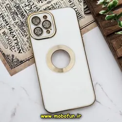 قاب گوشی iPhone 12 Pro Max آیفون طرح ژله ای دبل متال مای کیس مگ سیف Magsafe گلد لاین دور طلایی محافظ لنز دار شیشه ای سفید کد 638
