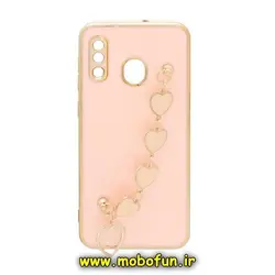 قاب گوشی Galaxy A20 - Galaxy A30 سامسونگ طرح مای کیس گلد لاین لاکچری دستبندی زنجیری قلبی سرامیکی آویزدار محافظ لنز دار گلبهی کد 562