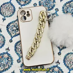 قاب گوشی iPhone 12 آیفون طرح مای کیس گلد لاین لاکچری دستبندی کارتیر نگینی پام پام محافظ لنز دار سفید کد 786