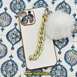 قاب گوشی iPhone 13 Pro Max آیفون طرح مای کیس گلد لاین لاکچری دستبندی کارتیر نگینی پام پام محافظ لنز دار سفید کد 539