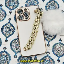 قاب گوشی iPhone 13 Pro آیفون طرح مای کیس گلد لاین لاکچری دستبندی کارتیر نگینی پام پام محافظ لنز دار سفید کد 388
