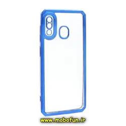 قاب گوشی Galaxy A20 - Galaxy A30 سامسونگ طرح الکتروپلیتینگ ژله ای شفاف محافظ لنز دار ایربگ دار آبی کاربنی کد 573