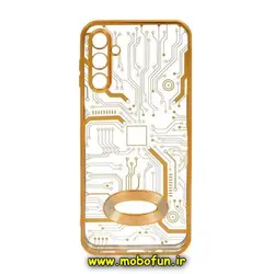 قاب گوشی Galaxy A14 4G - Galaxy A14 5G سامسونگ طرح الکتروپلیتینگ مگ سیف ژله ای شفاف مدار برق اورجینال محافظ لنز دار طلایی کد 426