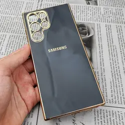 قاب گوشی Galaxy S22 Ultra سامسونگ طرح ژله ای مای کیس گلد لاین دور طلایی محافظ لنز دار مشکی کد 134