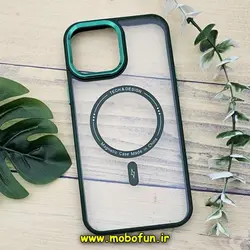 قاب گوشی iPhone 13 Pro Max آیفون اورجینال متال کیس Metal فلزی طرح پشت طلق شفاف مگ سیف دار دور سیلیکونی سبز تیره کد 559