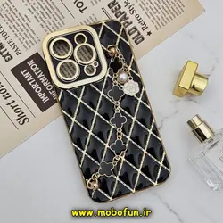قاب گوشی iPhone 14 Pro آیفون طرح ژله ای پافر لوزی دستبندی مرواریدی گلد لاین دور طلایی محافظ لنز دار مشکی کد 167