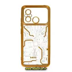 قاب گوشی Redmi 12C - Poco C55 - Redmi 11A شیائومی طرح الکتروپلیتینگ مگ سیف ژله ای شفاف مدار برق اورجینال محافظ لنز دار طلایی کد 191