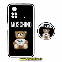 قاب گوشی Xiaomi Poco M4 Pro 4G شیائومی پشت گلس سرامیکی طلاکوب خرسی تدی پاپ سوکت دار محافظ لنزدار کد 345