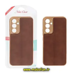 قاب گوشی Galaxy A54 5G سامسونگ اورجینال PULOKA پولوکا NEW CASE طرح ژله ای چرمی دوخت دار دور طلایی محافظ لنز دار قهوه ای کد 607