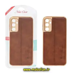قاب گوشی Galaxy A14 4G - Galaxy A14 5G سامسونگ اورجینال PULOKA پولوکا NEW CASE طرح ژله ای چرمی دوخت دار دور طلایی محافظ لنز دار قهوه ای کد 615