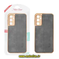 قاب گوشی Galaxy A14 4G - Galaxy A14 5G سامسونگ اورجینال PULOKA پولوکا NEW CASE طرح ژله ای چرمی دوخت دار دور طلایی محافظ لنز دار طوسی کد 613