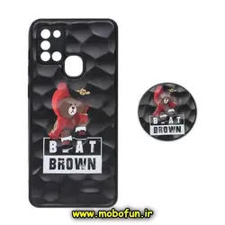 قاب گوشی Galaxy A21S سامسونگ شش ضلعی طرح دار خرس قهوه ای محافظ لنز دار پاپ سوکت دار کد 808