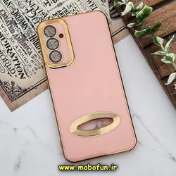 قاب گوشی Galaxy A14 4G - Galaxy A14 5G سامسونگ طرح ژله ای دبل متال مای کیس مگ سیف Magsafe گلد لاین دور طلایی محافظ لنز دار شیشه ای گلبهی کد 640
