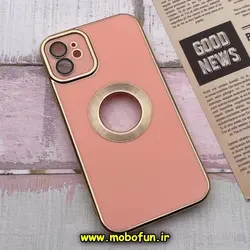 قاب گوشی iPhone 11 آیفون طرح ژله ای دبل متال مای کیس مگ سیف Magsafe گلد لاین دور طلایی محافظ لنز دار شیشه ای گلبهی کد 622