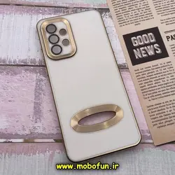 قاب گوشی Galaxy A73 سامسونگ طرح ژله ای دبل متال مای کیس مگ سیف Magsafe گلد لاین دور طلایی محافظ لنز دار شیشه ای سفید کد 772