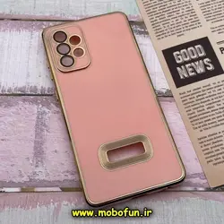 قاب گوشی Galaxy A72 سامسونگ طرح ژله ای دبل متال مای کیس مگ سیف Magsafe گلد لاین دور طلایی محافظ لنز دار شیشه ای گلبهی کد 569