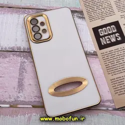 قاب گوشی Galaxy A32 4G سامسونگ طرح ژله ای دبل متال مای کیس مگ سیف Magsafe گلد لاین دور طلایی محافظ لنز دار شیشه ای سفید کد 1034