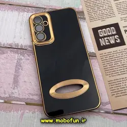 قاب گوشی Galaxy A24 4G سامسونگ طرح ژله ای دبل متال مای کیس مگ سیف Magsafe گلد لاین دور طلایی محافظ لنز دار شیشه ای مشکی کد 347