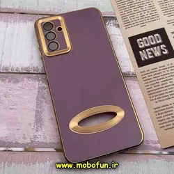 قاب گوشی Galaxy A04S سامسونگ طرح ژله ای دبل متال مای کیس مگ سیف Magsafe گلد لاین دور طلایی محافظ لنز دار شیشه ای بنفش کد 266