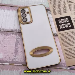 قاب گوشی Galaxy A04S سامسونگ طرح ژله ای دبل متال مای کیس مگ سیف Magsafe گلد لاین دور طلایی محافظ لنز دار شیشه ای سفید کد 263