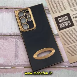 قاب گوشی Galaxy S23 Ultra سامسونگ طرح ژله ای دبل متال مای کیس مگ سیف Magsafe گلد لاین دور طلایی محافظ لنز دار شیشه ای مشکی کد 262