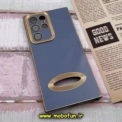 قاب گوشی Galaxy S22 Ultra سامسونگ طرح ژله ای دبل متال مای کیس مگ سیف Magsafe گلد لاین دور طلایی محافظ لنز دار شیشه ای آبی فیلی کد 394