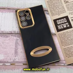 قاب گوشی Galaxy S22 Ultra سامسونگ طرح ژله ای دبل متال مای کیس مگ سیف Magsafe گلد لاین دور طلایی محافظ لنز دار شیشه ای مشکی کد 392