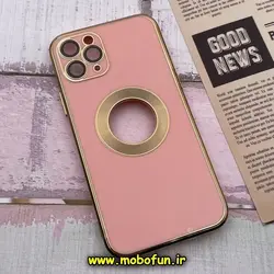 قاب گوشی iPhone 11 Pro آیفون طرح ژله ای دبل متال مای کیس مگ سیف Magsafe گلد لاین دور طلایی محافظ لنز دار شیشه ای گلبهی کد 508