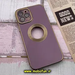 قاب گوشی iPhone 11 Pro آیفون طرح ژله ای دبل متال مای کیس مگ سیف Magsafe گلد لاین دور طلایی محافظ لنز دار شیشه ای بنفش کد 507
