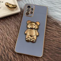 قاب گوشی Galaxy A72 سامسونگ طرح ژله ای خرسی تدی استندشو مای کیس گلد لاین دور طلایی محافظ لنز دار آبی فیلی کد 572