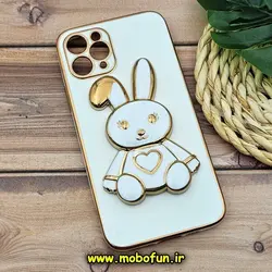 قاب گوشی iPhone 11 Pro آیفون طرح ژله ای خرگوشی استندشو مای کیس گلد لاین دور طلایی محافظ لنز دار سفید کد 512