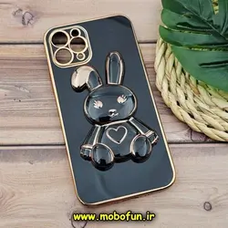 قاب گوشی iPhone 11 Pro آیفون طرح ژله ای خرگوشی استندشو مای کیس گلد لاین دور طلایی محافظ لنز دار مشکی کد 511