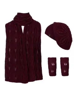 ست شال گردن و کلاه و دستکش زنانه بافت طرح گل زرشکی تارتن Tartan